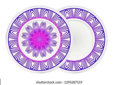 Set of 2 matching decorative plates for interior design with mandala floral ornament. Empty dish, porcelain plate mock up design. Vector illustration. Purple gradient color.
