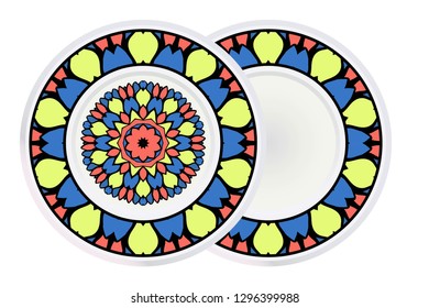 Set of 2 matching decorative plates for interior design. Porcelain plate with mandala ornament. Vector illustration. Isolated. Round geometric floral pattern. Interior decoration, home decor element.
