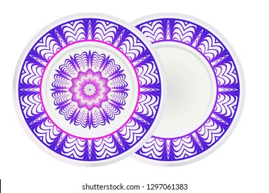 Set of 2 matching decorative plates for interior design with mandala floral ornament. Empty dish, porcelain plate mock up design. Vector illustration. Purple gradient color.