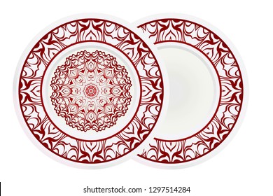 Set of 2 matching decorative plates for interior design. Empty dish, porcelain plate mock up design. Vector illustration. Decorative plates with Mandala ornament patterns. Home decor background