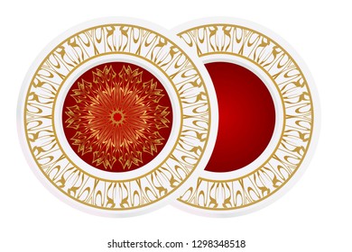 Set of 2 matching decorative plates for interior design. Empty dish, porcelain plate mock up design. Vector illustration. Decorative plates with Mandala ornament patterns. Home decor background