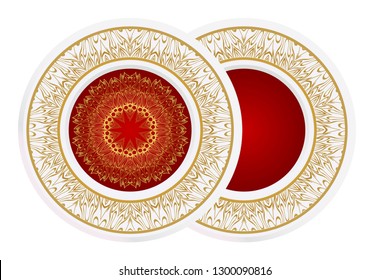 Set of 2 matching decorative plates for interior design. Empty dish, porcelain plate mock up design. Vector illustration. Decorative plates with Mandala ornament patterns. Home decor background