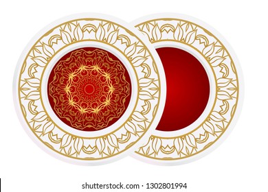 Set of 2 matching decorative plates for interior design. Empty dish, porcelain plate mock up design. Vector illustration. Decorative plates with Mandala ornament patterns. Home decor background