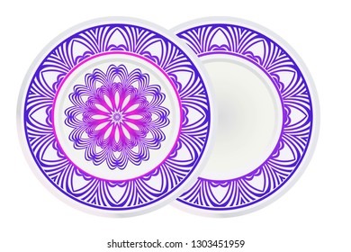 Set of 2 matching decorative plates for interior design with mandala floral ornament. Empty dish, porcelain plate mock up design. Vector illustration. Purple gradient color.
