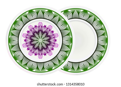 Set of 2 matching decorative plates for interior design. Porcelain plate with mandala ornament. Vector illustration. Isolated. Round geometric floral pattern. Interior decoration, home decor element.