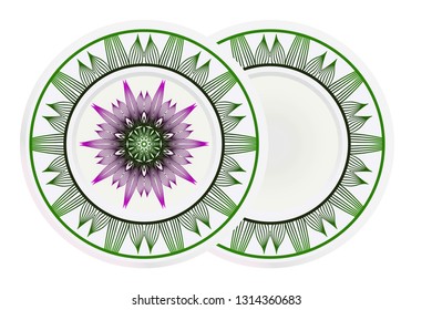 Set of 2 matching decorative plates for interior design. Porcelain plate with mandala ornament. Vector illustration. Isolated. Round geometric floral pattern. Interior decoration, home decor element.