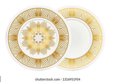 Set of 2 matching decorative plates for interior design. Empty dish, porcelain plate mock up design. Vector illustration. Decorative plates with Mandala ornament patterns. Home decor background