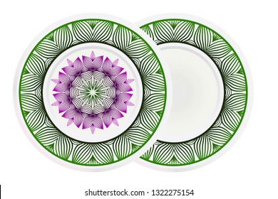 Set of 2 matching decorative plates for interior design. Empty dish, porcelain plate mock up design. Vector illustration. Decorative plates with Mandala ornament patterns. Home decor background
