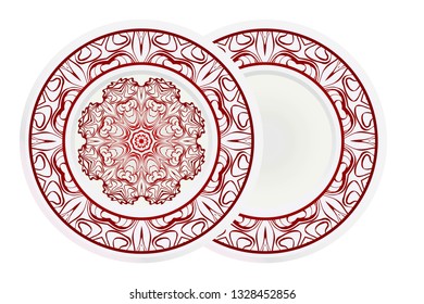 Set of 2 matching decorative plates for interior design. Porcelain plate with mandala ornament. Vector illustration. Isolated. Round geometric floral pattern. Interior decoration, home decor element.