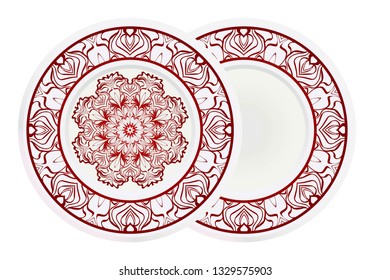 Set of 2 matching decorative plates for interior design. Empty dish, porcelain plate mock up design. Vector illustration. Decorative plates with Mandala ornament patterns. Home decor background