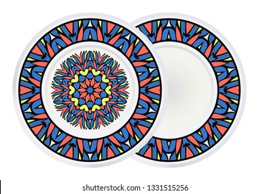 Set of 2 matching decorative plates for interior design. Empty dish, porcelain plate mock up design. Vector illustration. Decorative plates with Mandala ornament patterns. Home decor background