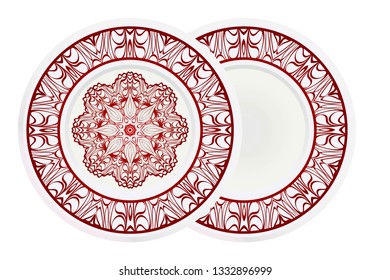 Set of 2 matching decorative plates for interior design. Porcelain plate with mandala ornament. Vector illustration. Isolated. Round geometric floral pattern. Interior decoration, home decor element.