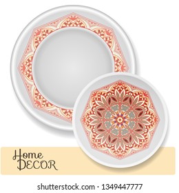 Set of 2 matching decorative plates for interior design. Tribal ethnic ornament, home decor vector illustration. Mandala decoration pattern, arabic, indian, turkish motif 