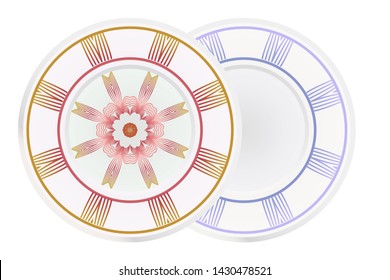 Set of 2 matching decorative plates for interior design. Empty dish, porcelain plate mock up design. Vector illustration. Decorative plates with Mandala ornament patterns. Home decor background