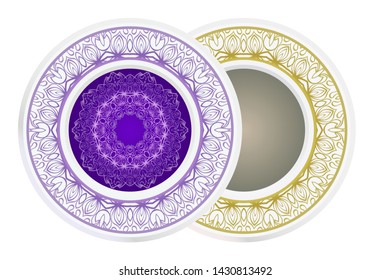 Set of 2 matching decorative plates for interior design. Empty dish, porcelain plate mock up design. Vector illustration. Decorative plates with Mandala ornament patterns. Home decor background