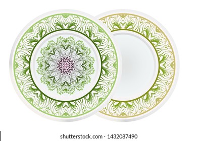 Set of 2 matching decorative plates for interior design. Empty dish, porcelain plate mock up design. Vector illustration.