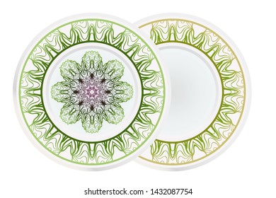 Set of 2 matching decorative plates for interior design. Empty dish, porcelain plate mock up design. Vector illustration.