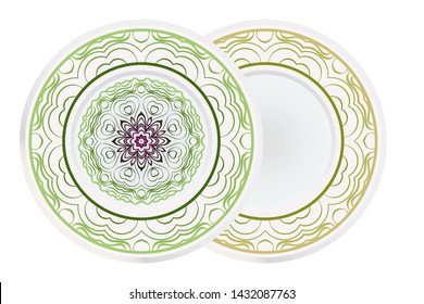 Set of 2 matching decorative plates for interior design. Empty dish, porcelain plate mock up design. Vector illustration.