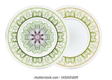 Set of 2 matching decorative plates for interior design. Empty dish, porcelain plate mock up design. Vector illustration.