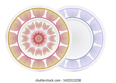 Set of 2 matching decorative plates for interior design. Empty dish, porcelain plate mock up design. Vector illustration. Decorative plates with Mandala ornament patterns. Home decor background
