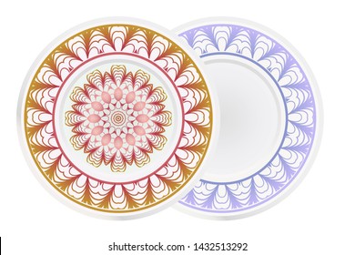 Set of 2 matching decorative plates for interior design. Empty dish, porcelain plate mock up design. Vector illustration. Decorative plates with Mandala ornament patterns. Home decor background