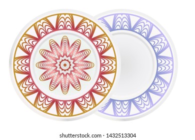 Set of 2 matching decorative plates for interior design. Empty dish, porcelain plate mock up design. Vector illustration. Decorative plates with Mandala ornament patterns. Home decor background