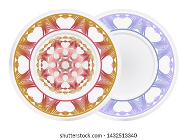 Set of 2 matching decorative plates for interior design. Empty dish, porcelain plate mock up design. Vector illustration. Decorative plates with Mandala ornament patterns. Home decor background
