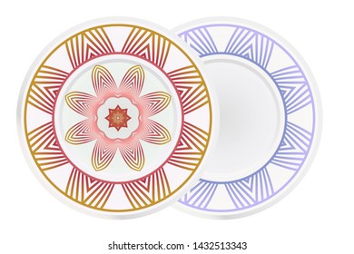 Set of 2 matching decorative plates for interior design. Empty dish, porcelain plate mock up design. Vector illustration. Decorative plates with Mandala ornament patterns. Home decor background