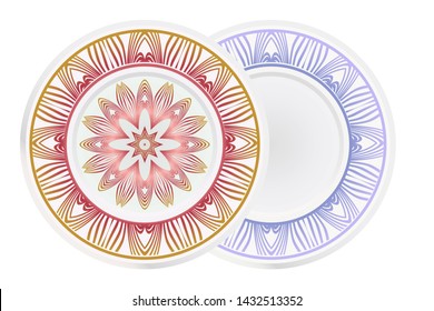 Set of 2 matching decorative plates for interior design. Empty dish, porcelain plate mock up design. Vector illustration. Decorative plates with Mandala ornament patterns. Home decor background