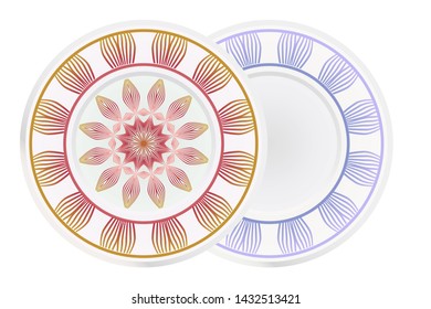 Set of 2 matching decorative plates for interior design. Empty dish, porcelain plate mock up design. Vector illustration. Decorative plates with Mandala ornament patterns. Home decor background