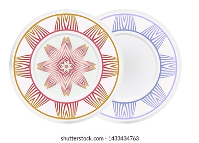 Set of 2 matching decorative plates for interior design. Empty dish, porcelain plate mock up design. Vector illustration. Decorative plates with Mandala ornament patterns. Home decor background