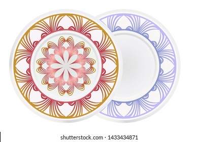 Set of 2 matching decorative plates for interior design. Empty dish, porcelain plate mock up design. Vector illustration. Decorative plates with Mandala ornament patterns. Home decor background