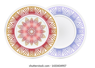 Set of 2 matching decorative plates for interior design. Empty dish, porcelain plate mock up design. Vector illustration. Decorative plates with Mandala ornament patterns. Home decor background