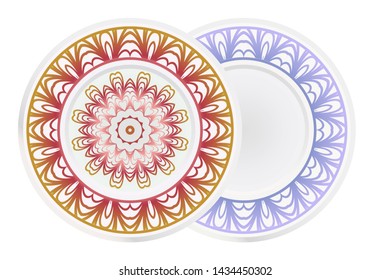 Set of 2 matching decorative plates for interior design. Empty dish, porcelain plate mock up design. Vector illustration. Decorative plates with Mandala ornament patterns. Home decor background