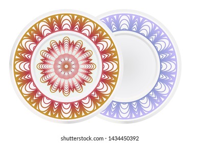 Set of 2 matching decorative plates for interior design. Empty dish, porcelain plate mock up design. Vector illustration. Decorative plates with Mandala ornament patterns. Home decor background