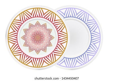 Set of 2 matching decorative plates for interior design. Empty dish, porcelain plate mock up design. Vector illustration. Decorative plates with Mandala ornament patterns. Home decor background