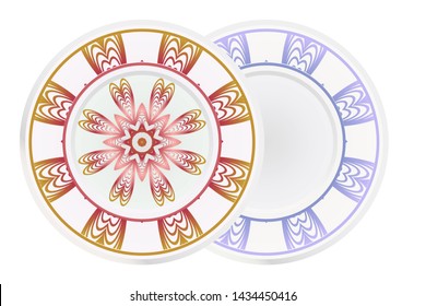 Set of 2 matching decorative plates for interior design. Empty dish, porcelain plate mock up design. Vector illustration. Decorative plates with Mandala ornament patterns. Home decor background