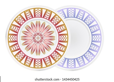 Set of 2 matching decorative plates for interior design. Empty dish, porcelain plate mock up design. Vector illustration. Decorative plates with Mandala ornament patterns. Home decor background