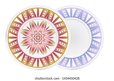 Set of 2 matching decorative plates for interior design. Empty dish, porcelain plate mock up design. Vector illustration. Decorative plates with Mandala ornament patterns. Home decor background