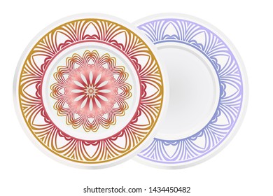 Set of 2 matching decorative plates for interior design. Empty dish, porcelain plate mock up design. Vector illustration. Decorative plates with Mandala ornament patterns. Home decor background