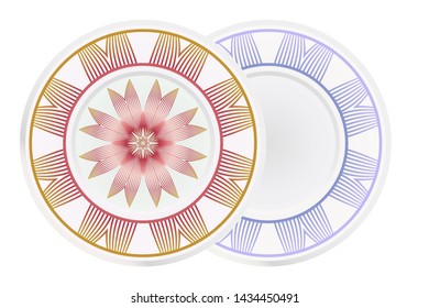 Set of 2 matching decorative plates for interior design. Empty dish, porcelain plate mock up design. Vector illustration. Decorative plates with Mandala ornament patterns. Home decor background