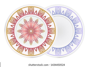 Set of 2 matching decorative plates for interior design. Empty dish, porcelain plate mock up design. Vector illustration. Decorative plates with Mandala ornament patterns. Home decor background