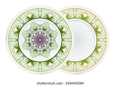 Set of 2 matching decorative plates for interior design. Empty dish, porcelain plate mock up design. Vector illustration.