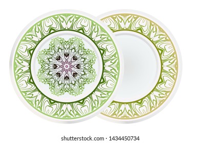 Set of 2 matching decorative plates for interior design. Empty dish, porcelain plate mock up design. Vector illustration.