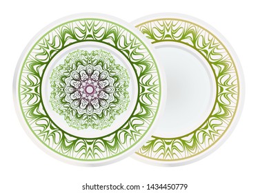 Set of 2 matching decorative plates for interior design. Empty dish, porcelain plate mock up design. Vector illustration.