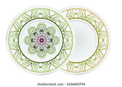 Set of 2 matching decorative plates for interior design. Empty dish, porcelain plate mock up design. Vector illustration.