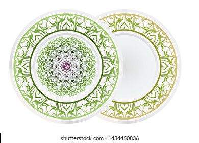 Set of 2 matching decorative plates for interior design. Empty dish, porcelain plate mock up design. Vector illustration.
