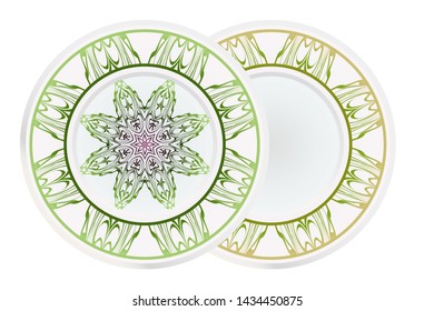 Set of 2 matching decorative plates for interior design. Empty dish, porcelain plate mock up design. Vector illustration.