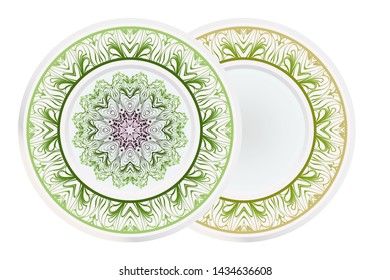 Set of 2 matching decorative plates for interior design. Empty dish, porcelain plate mock up design. Vector illustration.