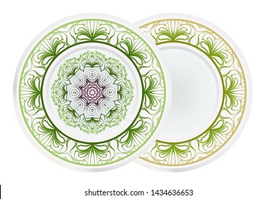 Set of 2 matching decorative plates for interior design. Empty dish, porcelain plate mock up design. Vector illustration.